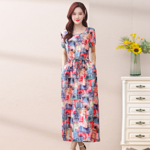 中年女士夏季 收腰显瘦连衣裙子妈妈夏天洋气过膝洋气高端棉绸长裙