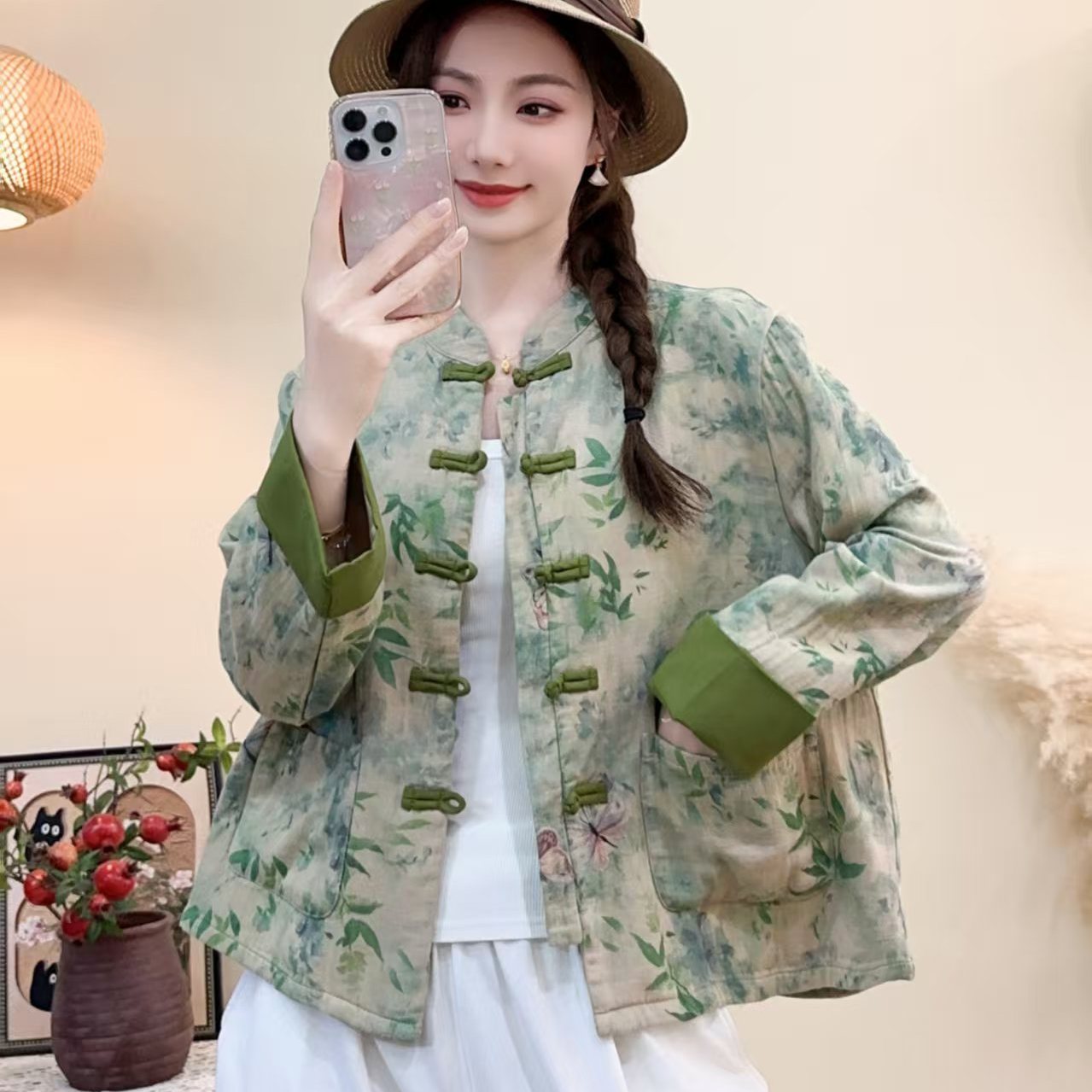 新中式国风盘扣棉质印花外套2025秋季新款对襟立领复古文艺女上衣