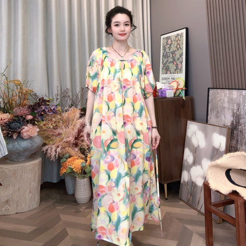 夏天外穿棉绸连衣裙女加肥大码过膝度假风长裙子高级感气质波点裙
