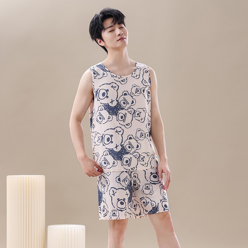2025夏季男士棉绸睡衣无袖背心短裤人造棉家居服空调服两件套装