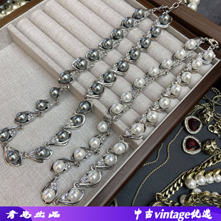 施家灰色珍珠项链水滴锆石叠戴颈链潮牌高级原创设计choker锁骨链