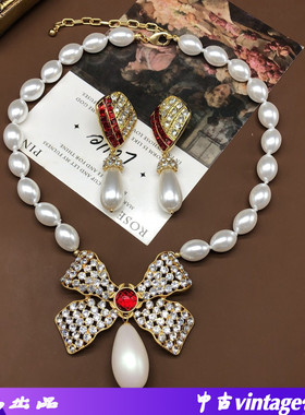 中古首饰套装气质时尚蝴蝶结吊坠异形琉璃珍珠项链红钻设计感耳钉