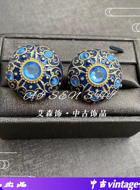 耳钉 中古vintage优雅蓝色耳钉宫廷风镶宝石小众耳钉几何花纹耳钉