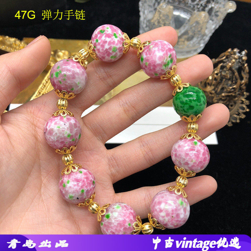 清新甜美时尚手饰樱花粉蛙皮琉璃珠弹力手链绿玛瑙珠手环气质百搭