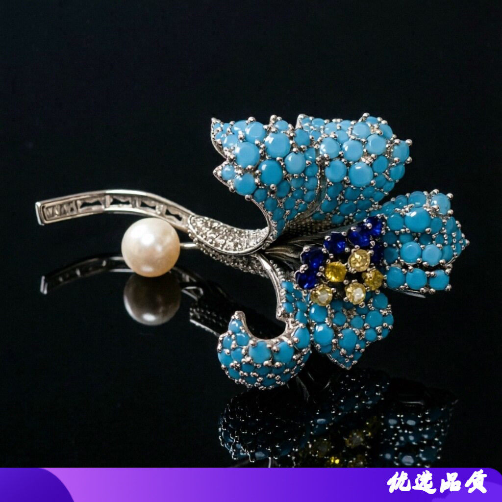 高档天然珍珠康乃馨蓝松石兰花胸