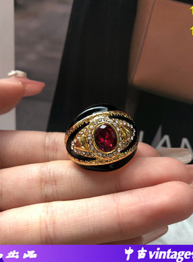 中古vintage戒指镶钻玫紫色宝石高级典雅戒指黑色珐琅釉经典百搭