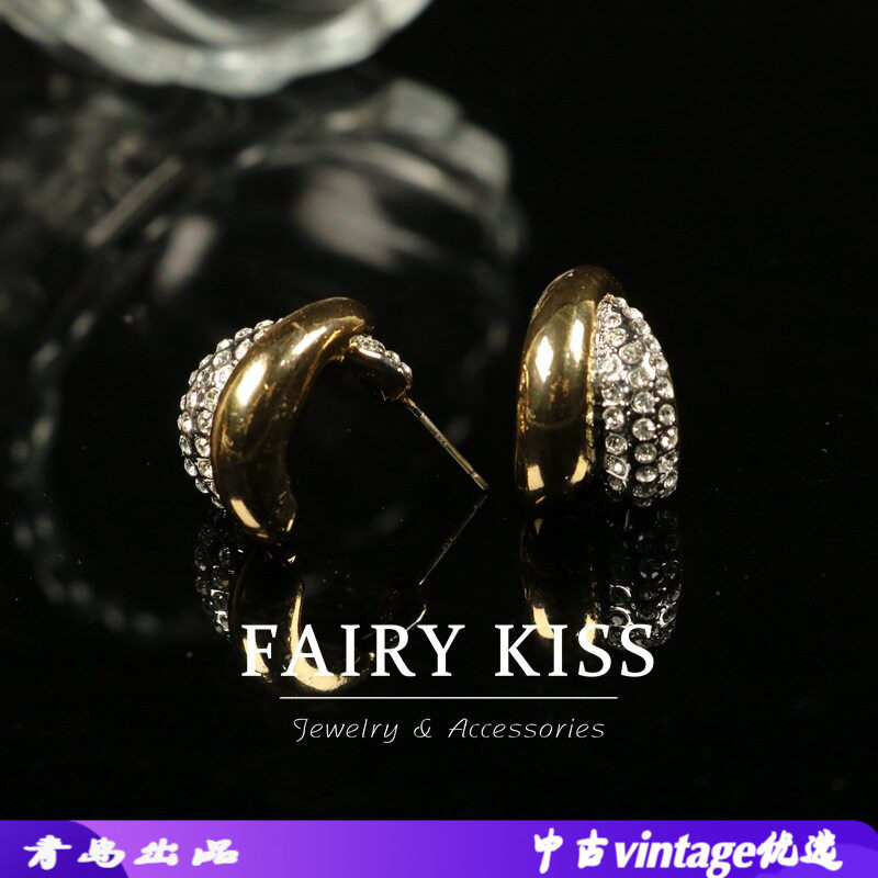 中古耳环镀真金镶钻耳钉简约配饰