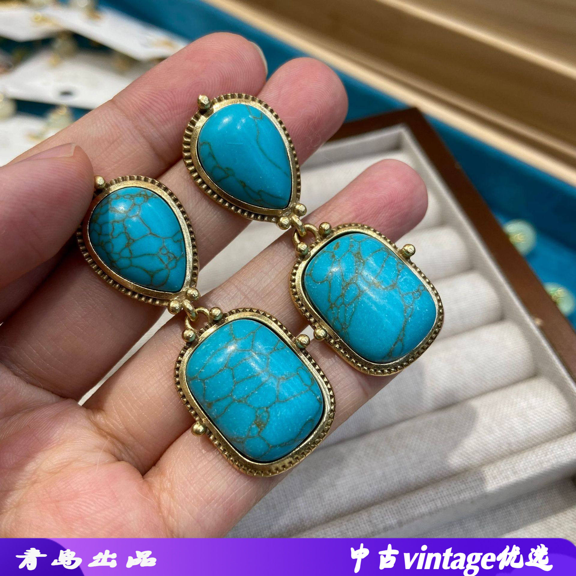 女式绿松石耳环波西亚风垂坠吊坠耳环耳钉松石耳钉水滴耳环方形