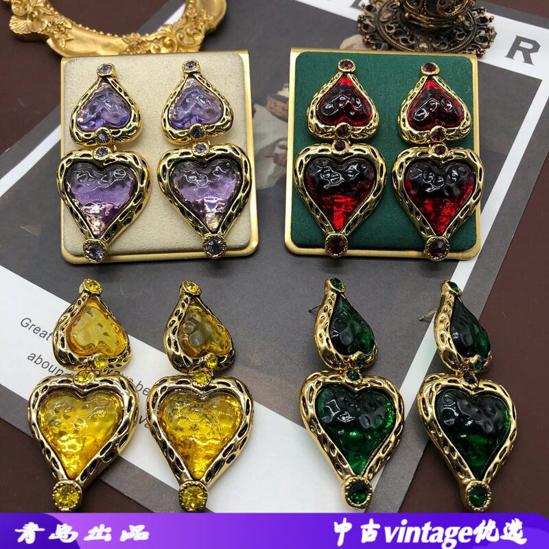 中古镀真金做旧风爱心吊坠耳环果