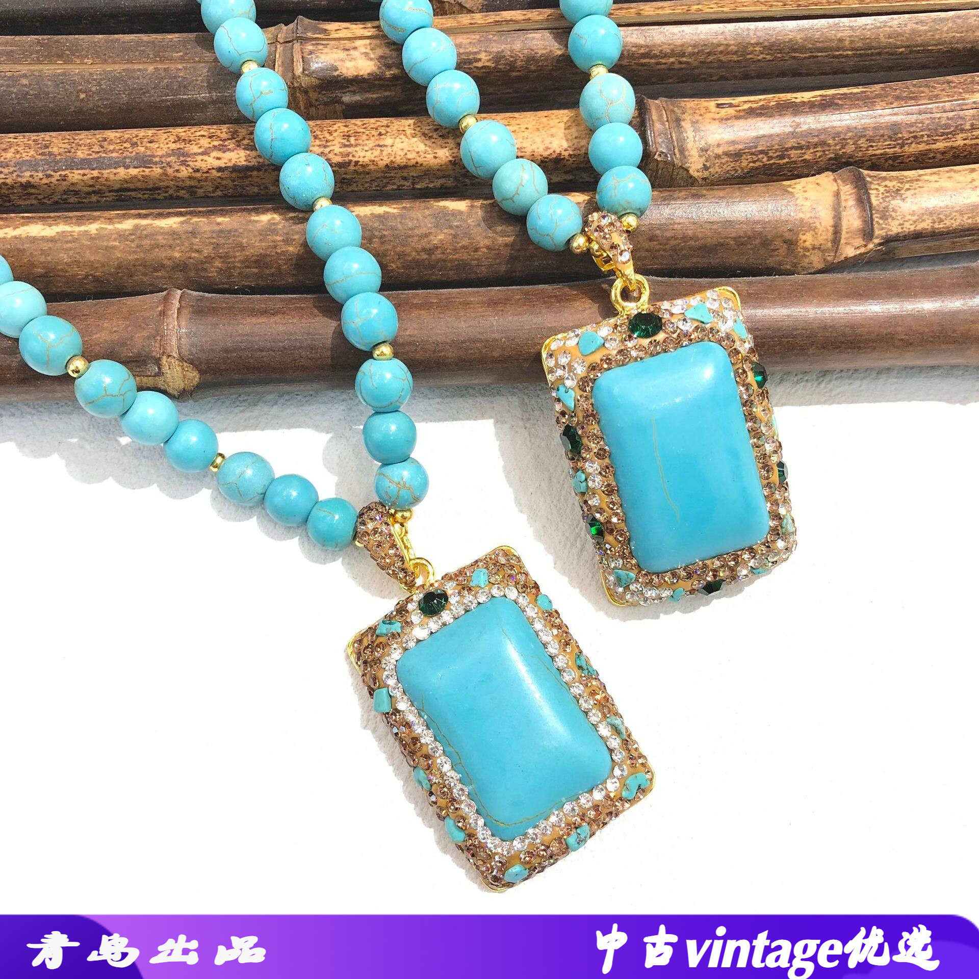绿松石项链镶嵌绿色大闪钻复古又时尚方形吊坠高级感百搭厂家