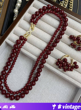 2串叠带红色施家珠项链珍珠吊坠时尚新款精致