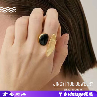 欧美天然石黑玛瑙黄铜戒指 不规则可调节戒指 轻奢小众设计感女戒