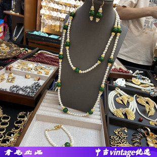 中古vintage老料子珍珠项链绿蛙皮圆形点翠琉璃耳坠气质国风手链