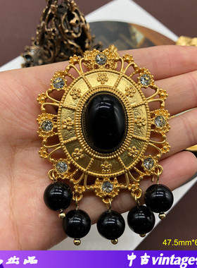 中古胸针项链黑色琉璃坠复古宫廷雕刻花纹雾金胸针可拆卸项链两用