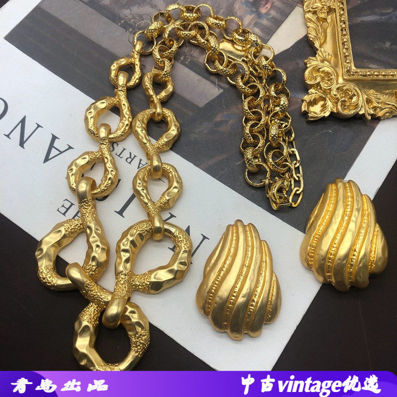 捶打纹效果电镀真金粗链条夸张素金项链连环扣项链耳钉套装