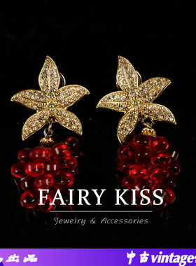 中古新款时尚耳环新年红色耳钉百搭耳夹镶钻镀真金女款轻奢耳饰