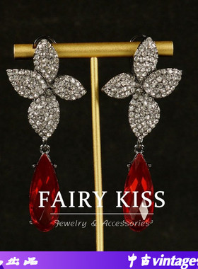 中古新款耳环红色水滴坠高级感四叶草耳钉精致轻奢满钻耳饰