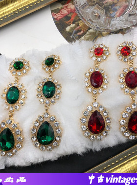 复古百搭经典耳环中国红祖母绿宝石钻银针耳钉中长款水滴耳坠