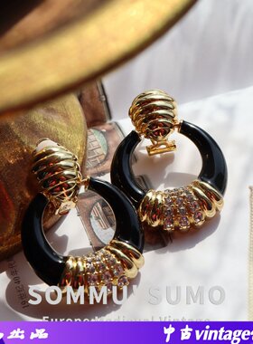 欧美复古中古耳环耳夹黑色珐琅釉镶钻金色圆环vintage简约港风耳