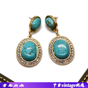 厂家供应欧美复古质感夸张椭圆绿松石耳钉密集宝石钻石头耳环耳坠