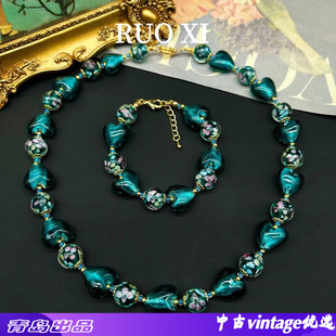 西洋中古vintage 意大利老琉璃复古爱心古董 穆拉诺欧泊琉璃项链