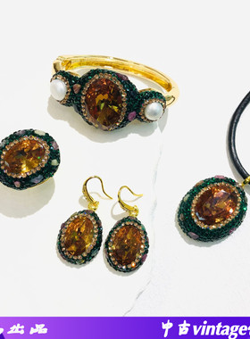 欧美绿色镶嵌套装光感变色苏丹石女项链戒指耳环手镯