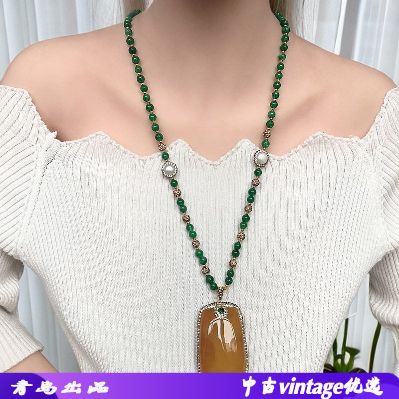 方牌蜜蜡吊坠干青圆珠项链时尚搭配长款绿色毛衣链百搭厂家