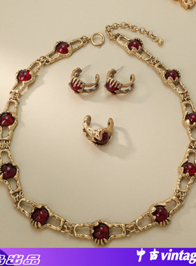 中古Vintage复古女式合金套装耳饰戒指项链套装