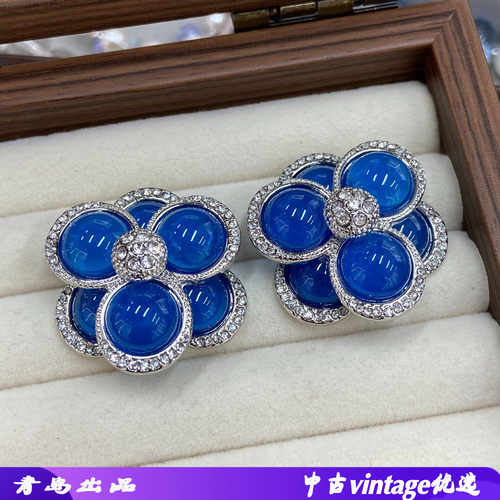 中古vintage玫瑰花冰水蓝琉璃耳