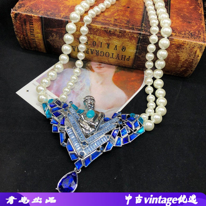 高级设计感人头像蓝宝石镶嵌吊坠双层琉璃珍珠项链优雅复古毛衣链