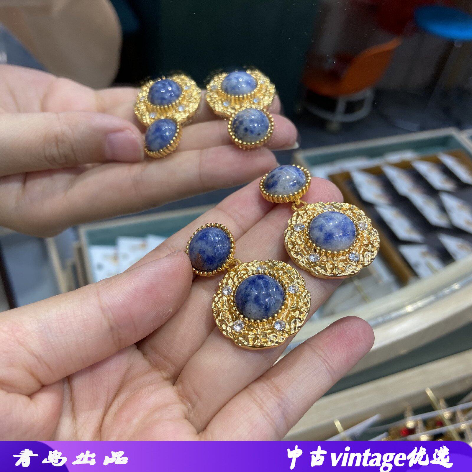 复古vintage天然花石铜镀真金做旧耳饰 法式宫廷高级感老钱风耳环