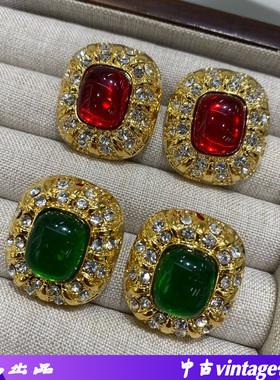 方形琉璃耳钉中古小众设计感铜合金首饰复古复刻简约时尚轻奢耳环