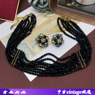欧美西洋风饰品多层琉璃珠颈链串珠项链编织花朵耳夹复古优雅套装