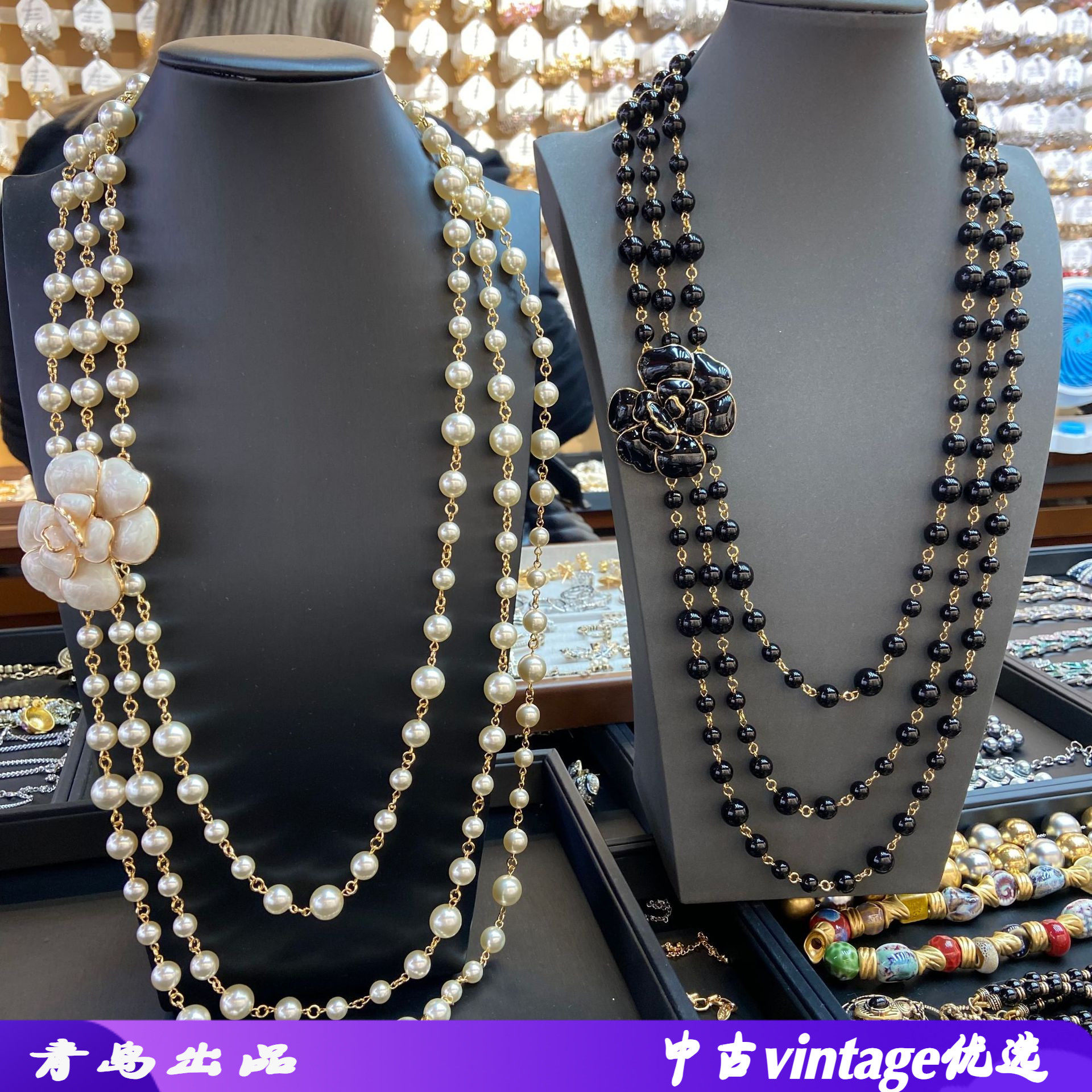 vintage三层琉璃珍珠黑白山茶花朵吊坠长款项链女复古多层