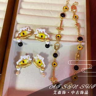 耳钉项链 西洋复古复刻恶魔之眼耳钉 中古不规则拼色耳钉项链套装