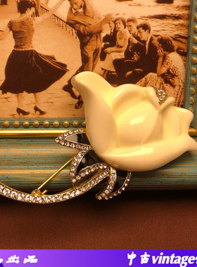 中古优雅花朵胸花镶嵌莱茵石白色珐琅釉百搭胸针大衣外套复古别针