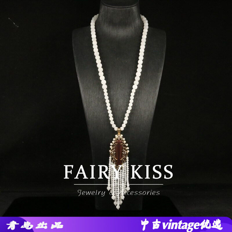 2025新中式汉白玉串珠项链镂空花纹铜镶木纹石多层手串两用手饰