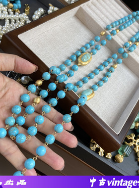 青岛中古vintage天然绿松石长款毛衣链挂钩连接椭圆吊坠串珠项链