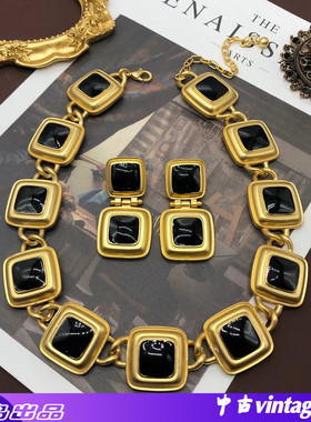 经典黑色珐琅釉镀真金雾金耳钉耳夹项链套装西洋重工中古项链耳环