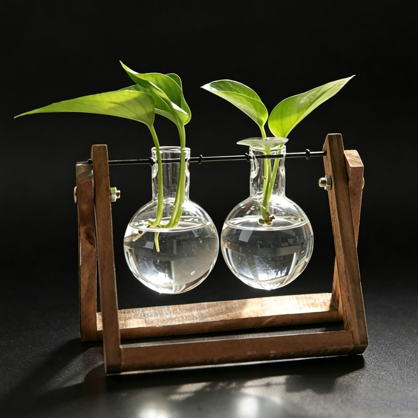 复古实木支架水培玻璃瓶 绿萝铜钱草桌面摆件创意透明插花容器图片