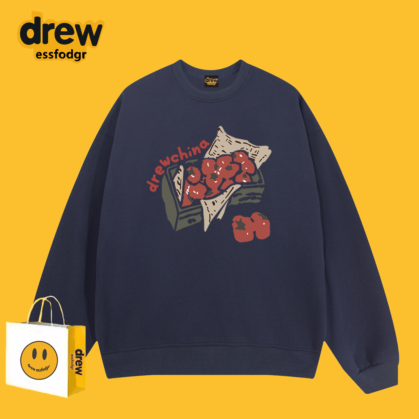 Drew美式潮牌番茄涂鸦印花圆领卫衣男女秋冬休闲宽松情侣套头外套