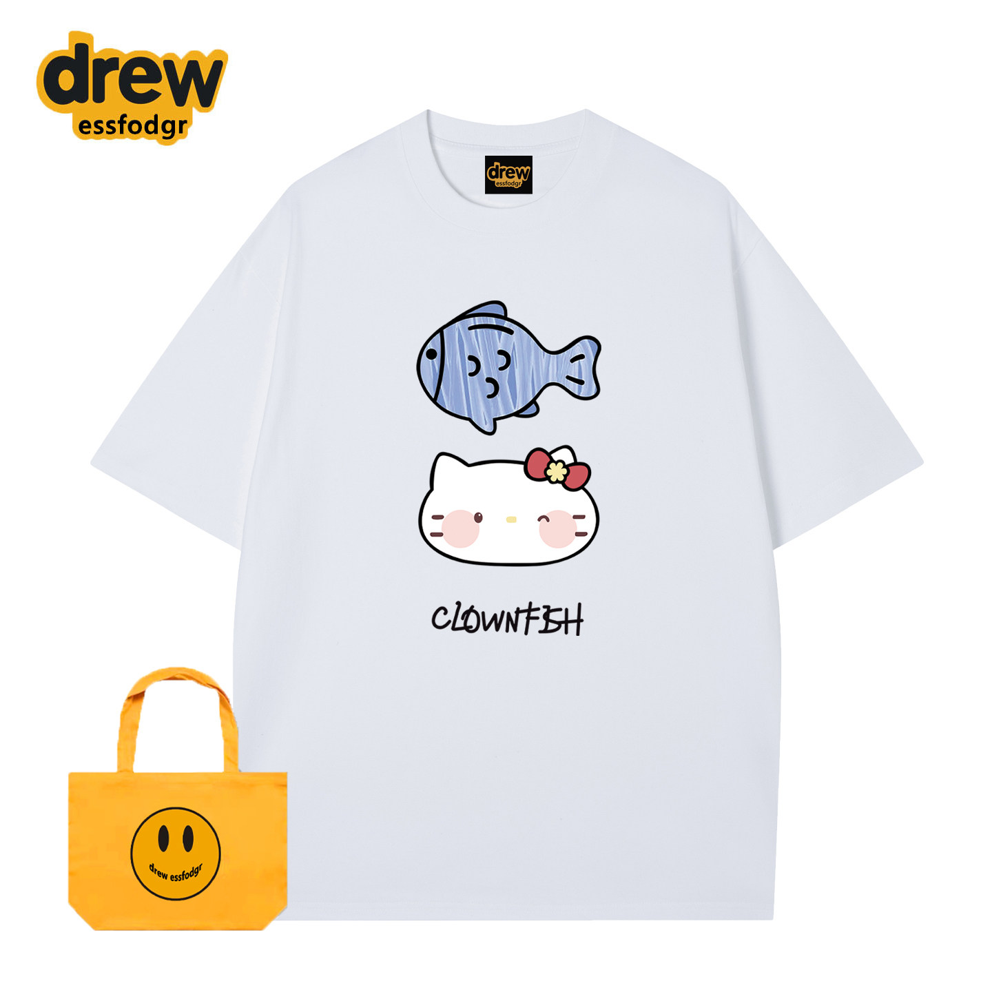 Drew趣味可爱卡通猫咪小鱼印花短袖T恤男女宽松纯棉休闲情侣上衣,女装/女士精品,T恤,淘宝优惠券,粉丝福利购,淘宝优惠卷