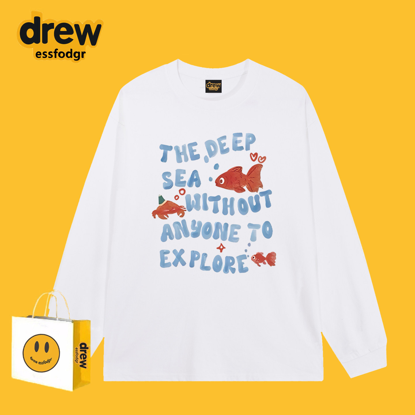 Drew美式潮牌卡通小鱼印花春秋打底衫百搭休闲长袖T恤男女款上衣