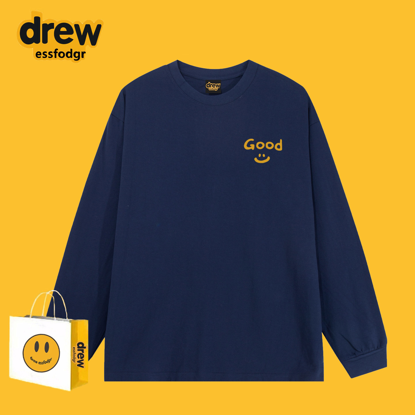 Drew美式笑脸字母印花重磅长袖