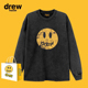 Drew字母做旧笑脸长袖 T恤男女美式 复古水洗高街潮牌宽松情侣上衣