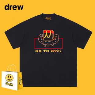 Drew美式 T恤男女宽松百搭情侣上衣 复古趣味健身肌肉印花重磅短袖
