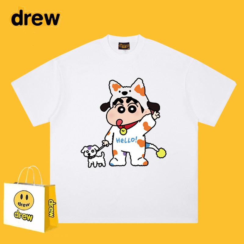 Drew蜡笔小新狗狗卡通印花重磅纯棉短袖T恤男女潮牌宽松情侣上衣