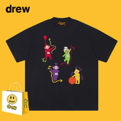 Drew美式 潮牌天线宝宝卡通印花休闲宽松正肩纯棉短袖 T恤情侣上衣