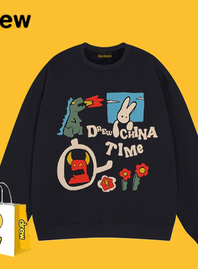Drew美式复古涂鸦卡通印花圆领卫衣男女潮牌休闲宽松秋冬情侣上衣