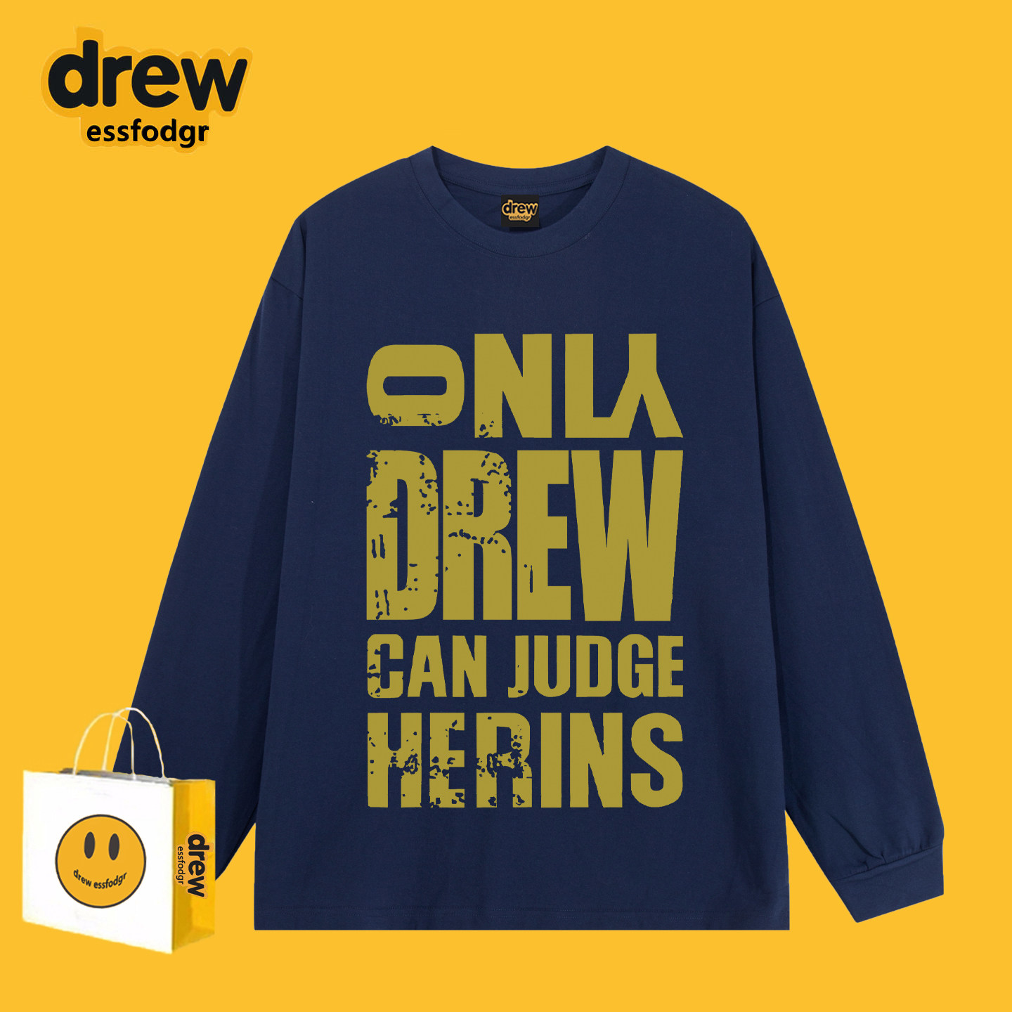 Drew美式复古大标识字母印花重磅长袖T恤男女宽松休闲情侣上衣ins